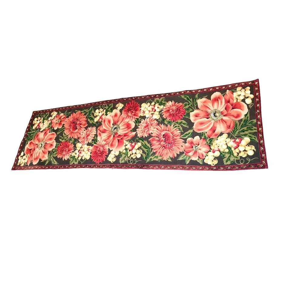 Cottage APRIL CORNELL Table Runner Soft Black Red Flowers Grapes 47